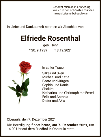 Traueranzeige von Elfriede Rosenthal von HNA