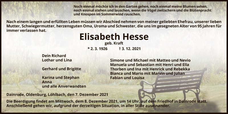  Traueranzeige für Elisabeth Hesse vom 07.12.2021 aus HNA