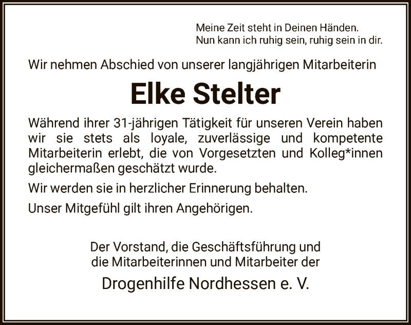  Traueranzeige für Elke Stelter vom 11.12.2021 aus HNA