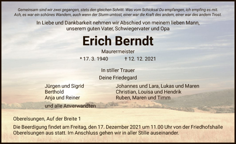  Traueranzeige für Erich Berndt vom 15.12.2021 aus HNA