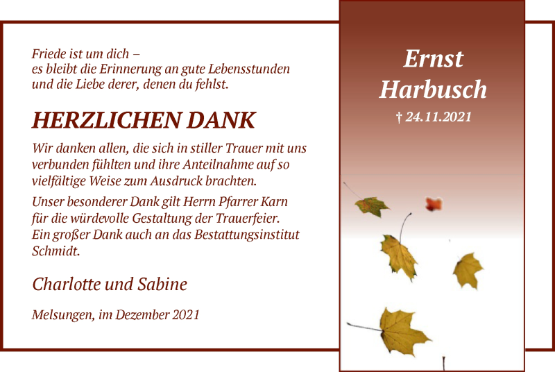  Traueranzeige für Ernst Harbusch vom 24.12.2021 aus HNA