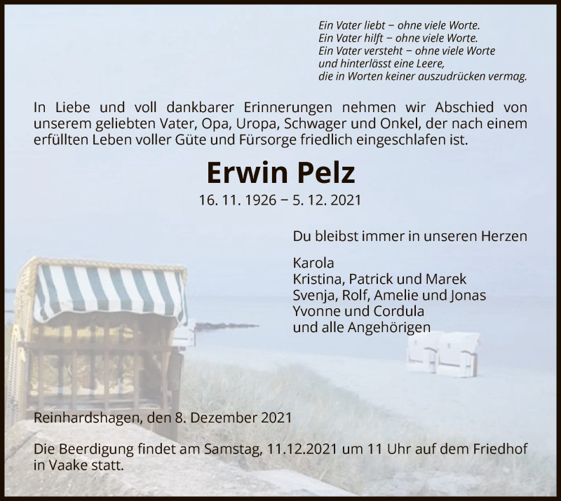  Traueranzeige für Erwin Pelz vom 08.12.2021 aus HNA
