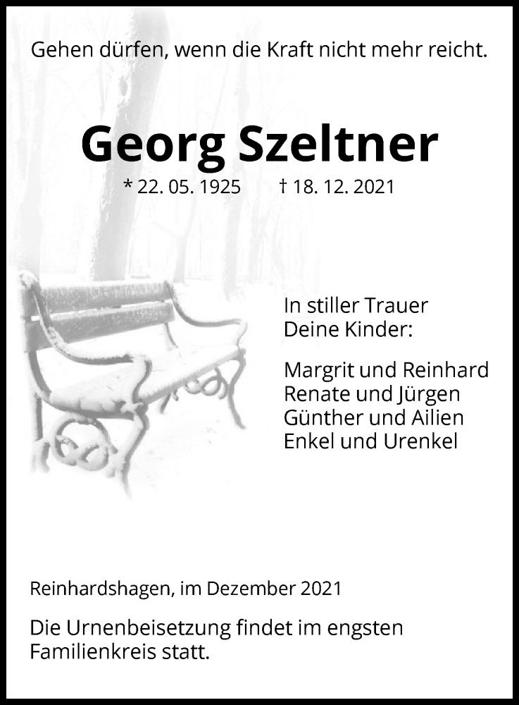  Traueranzeige für Georg Szeltner vom 30.12.2021 aus HNA