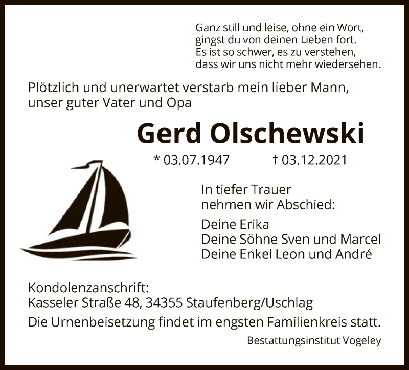  Traueranzeige für Gerd Olschewski vom 11.12.2021 aus HNA