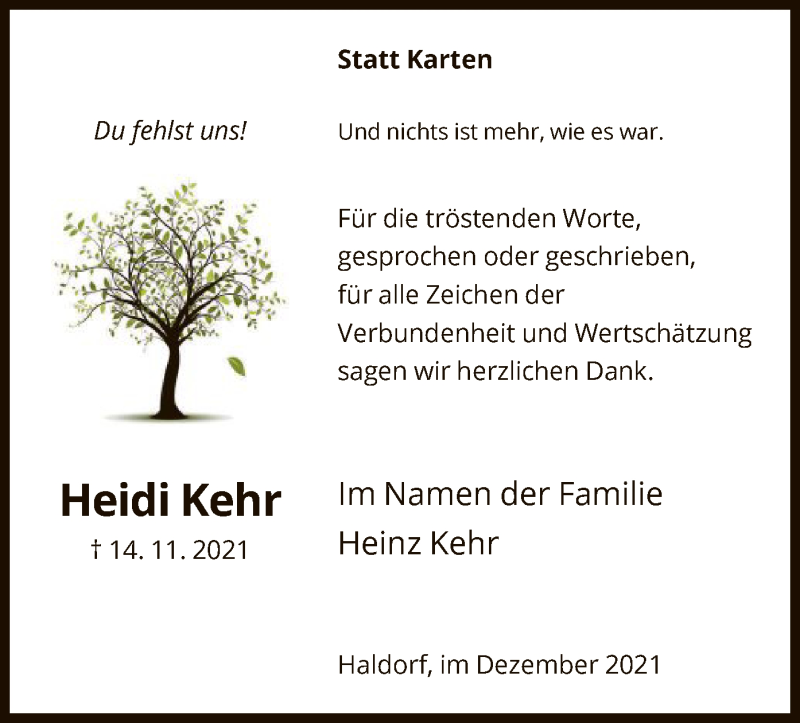  Traueranzeige für Heidi Kehr vom 18.12.2021 aus HNA