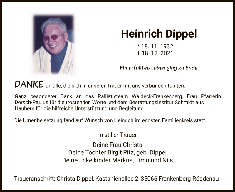  Traueranzeige für Heinrich Dippel vom 27.12.2021 aus HNA