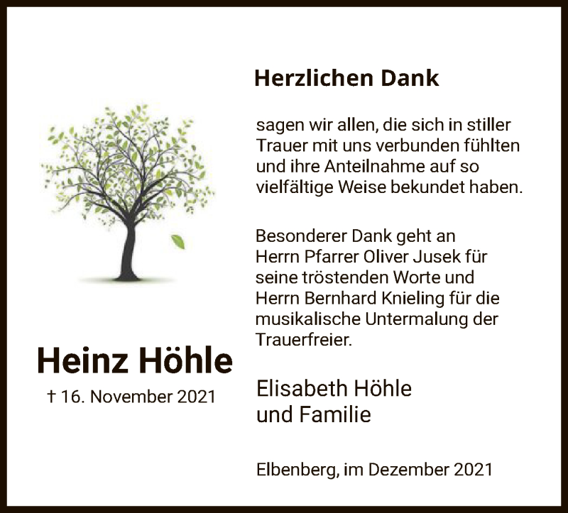  Traueranzeige für Heinz Höhle vom 18.12.2021 aus HNA