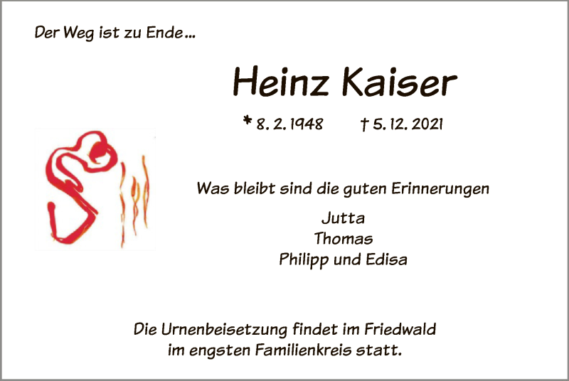  Traueranzeige für Heinz Kaiser vom 11.12.2021 aus HNA