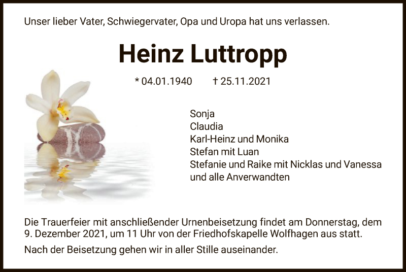  Traueranzeige für Heinz Luttropp vom 04.12.2021 aus HNA
