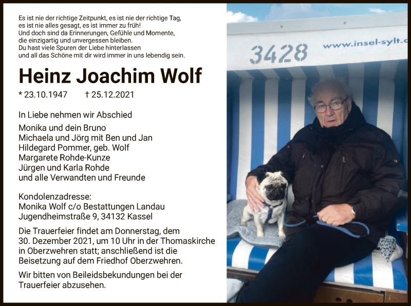  Traueranzeige für Heinz Joachim Wolf vom 28.12.2021 aus HNA