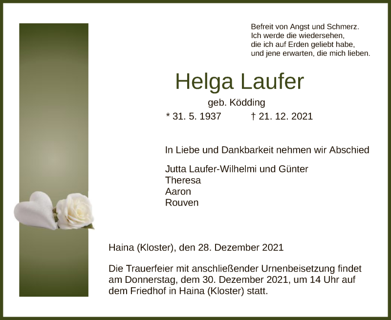  Traueranzeige für Helga Laufer vom 28.12.2021 aus HNA