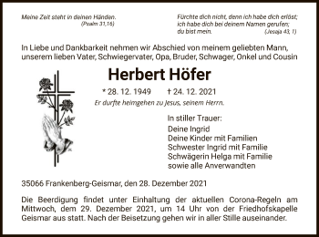 Traueranzeige von Herbert Höfer von HNA