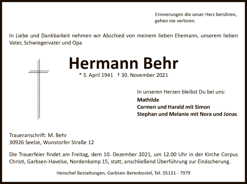  Traueranzeige für Hermann Behr vom 04.12.2021 aus HNA