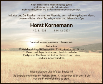Traueranzeige von Horst Kornemann von HNA