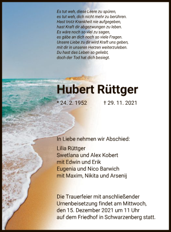 Traueranzeige von Hubert Rüttger von HNA