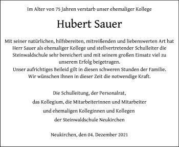 Traueranzeige von Hubert Sauer von HNA