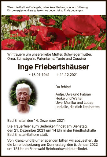 Traueranzeige von Inge Friebertshäuser von HNA