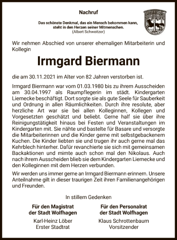 Traueranzeige von Irmgard Biermann von HNA