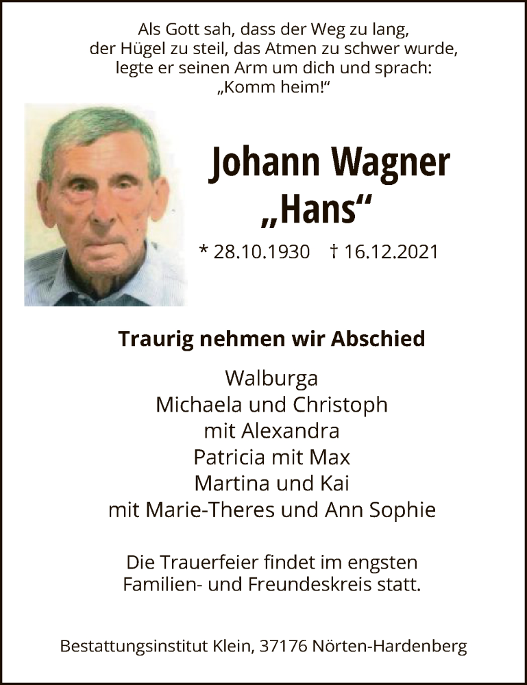  Traueranzeige für Johann Wagner vom 31.12.2021 aus HNA