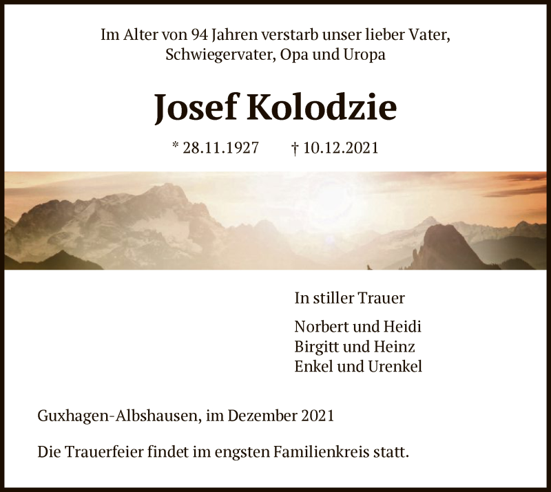  Traueranzeige für Josef Kolodzie vom 18.12.2021 aus HNA