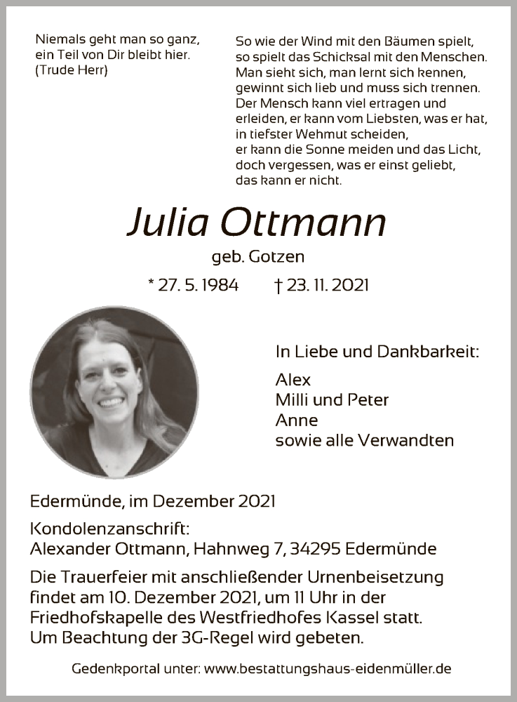  Traueranzeige für Julia Ottmann vom 03.12.2021 aus HNA