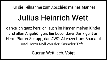 Traueranzeige von Julius Heinrich Wett von HNA