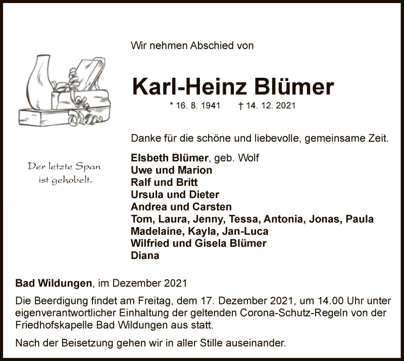  Traueranzeige für Karl-Heinz Blümer vom 16.12.2021 aus WLZ