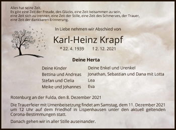 Traueranzeige von Karl-Heinz Krapf von HNA
