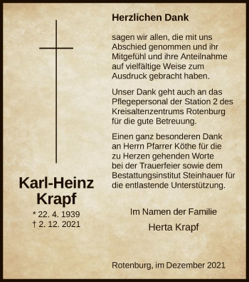 Traueranzeige von Karl-Heinz Krapf von HNA