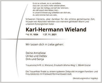 Traueranzeige von Karl-Hermann Wieland von HNA