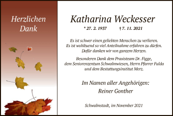 Traueranzeige von Katharina Weckesser von HNA