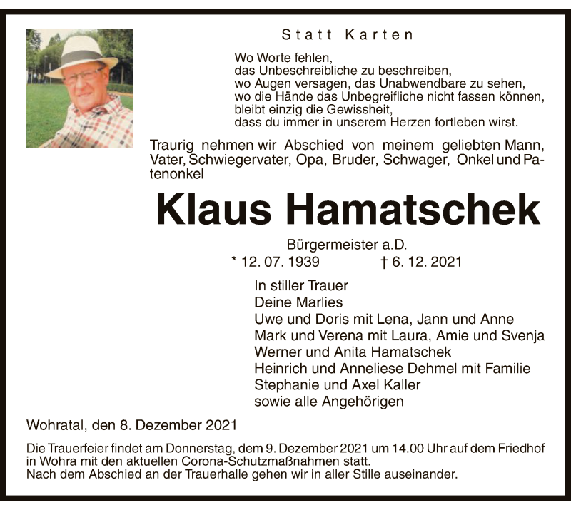  Traueranzeige für Klaus Hamatschek vom 08.12.2021 aus HNA