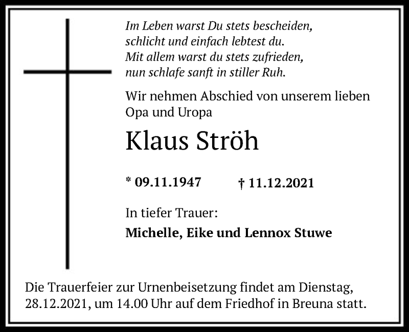  Traueranzeige für Klaus Ströh vom 24.12.2021 aus HNA