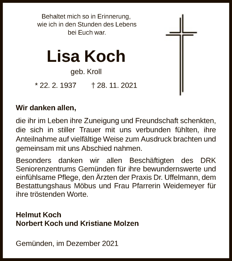  Traueranzeige für Lisa Koch vom 22.12.2021 aus HNA