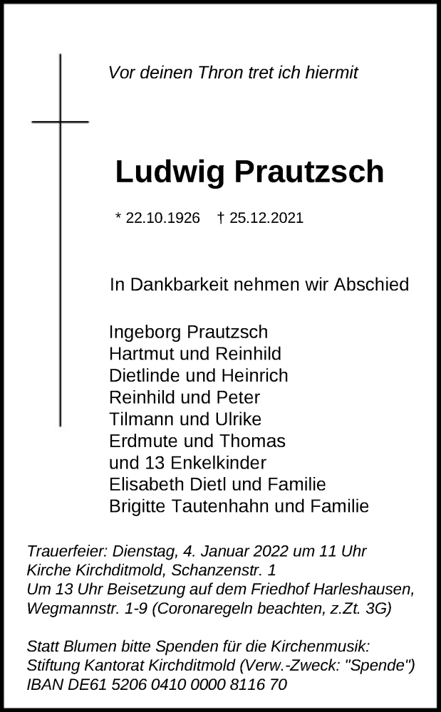  Traueranzeige für Ludwig Prautzsch vom 31.12.2021 aus HNA