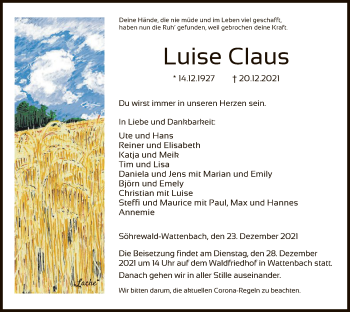 Traueranzeige von Luise Claus von HNA