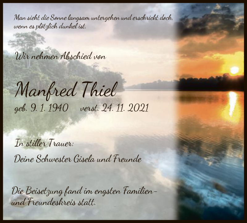  Traueranzeige für Manfred Thiel vom 24.12.2021 aus HNA