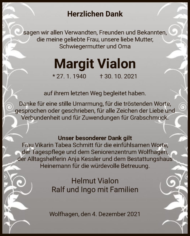 Traueranzeige für Margit Vialon vom 04.12.2021 aus HNA