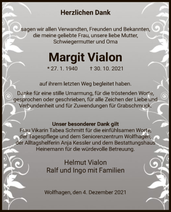Traueranzeige von Margit Vialon von HNA