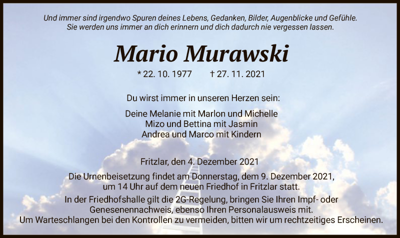  Traueranzeige für Mario Murawski vom 04.12.2021 aus HNA