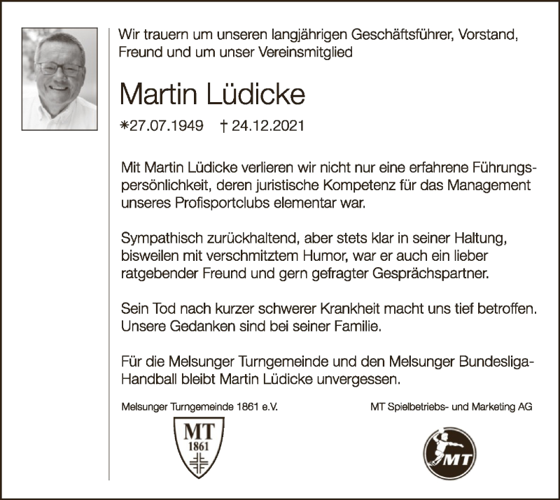  Traueranzeige für Martin Lüdicke vom 30.12.2021 aus HNA