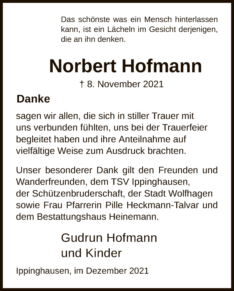  Traueranzeige für Norbert Hofmann vom 11.12.2021 aus HNA