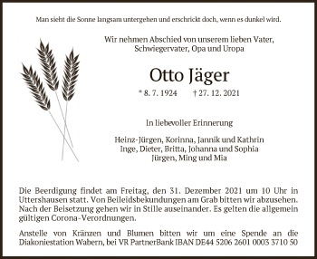 Traueranzeige von Otto Jäger von HNA