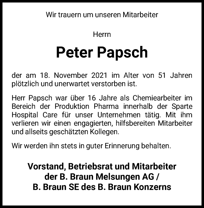  Traueranzeige für Peter Papsch vom 01.12.2021 aus HNA