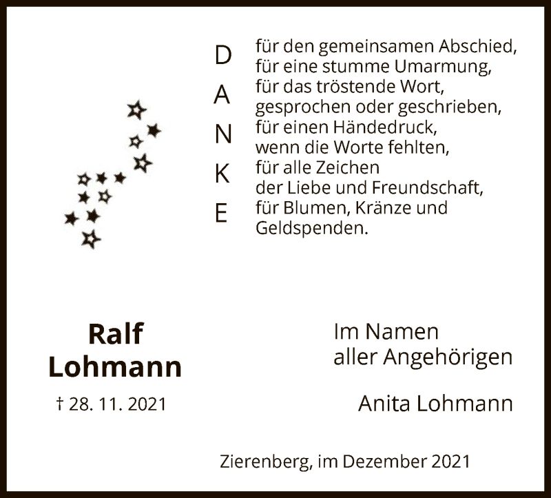  Traueranzeige für Ralf Lohmann vom 11.12.2021 aus HNA