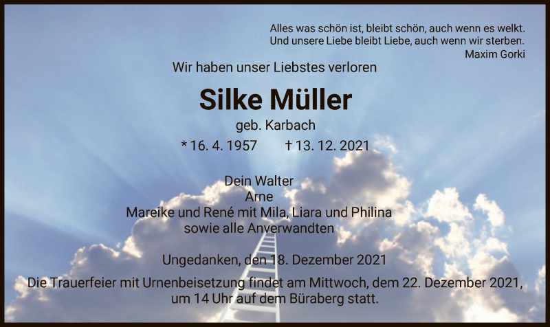  Traueranzeige für Silke Müller vom 18.12.2021 aus HNA