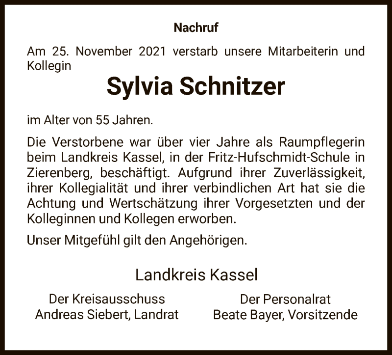  Traueranzeige für Sylvia Schnitzer vom 04.12.2021 aus HNA