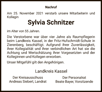 Traueranzeige von Sylvia Schnitzer von HNA