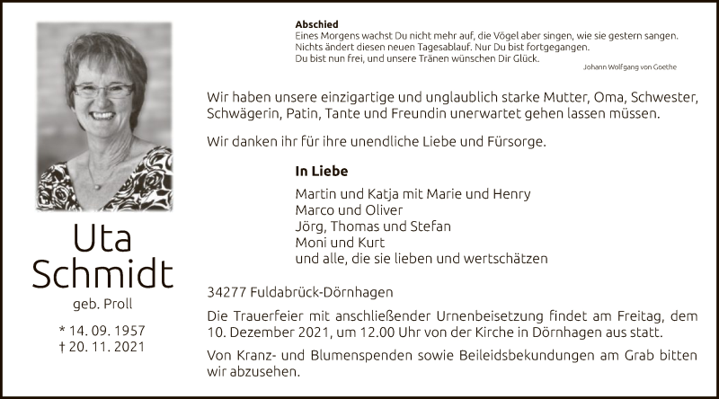  Traueranzeige für Uta Schmidt vom 04.12.2021 aus HNA