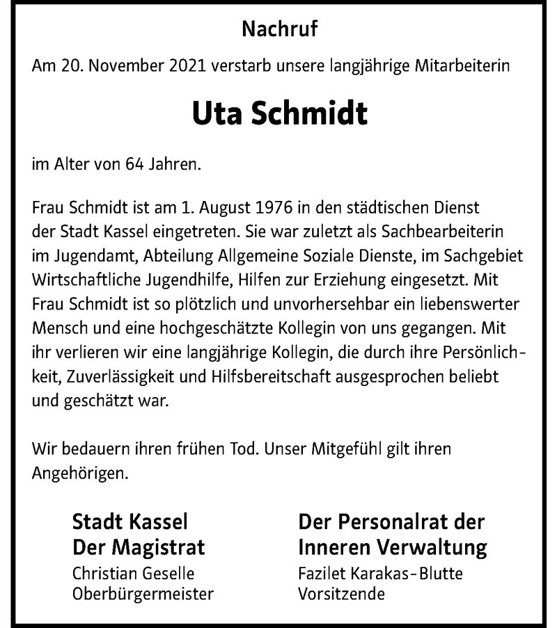  Traueranzeige für Uta Schmidt vom 04.12.2021 aus HNA